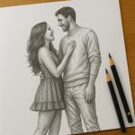 Couple Portrait - Custom Art | Personalized Painting in pencil sketch style showing a couple smiling at each other, great for minimalist decor.