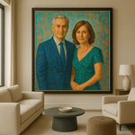 Couple Portrait - Custom Art | Personalized Painting of a mature couple in formal attire displayed in a modern living room, ideal for elegant home decor.