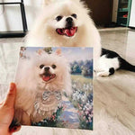 Custom pet portrait of a white Pomeranian in a floral dress, held beside the real dog. Personalized dog painting for home decor.
