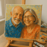Couple Portrait - Custom Art | Personalized Painting of a smiling elderly couple on canvas, perfect for golden anniversary or family keepsakes.