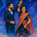 Couple Portrait - Custom Art | Personalized Painting of a couple dancing under a starry sky in traditional attire, ideal for romantic gifts.