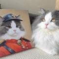 Custom cat portrait of a fluffy feline dressed in a royal guard uniform. Personalized cat artwork for pet owners.