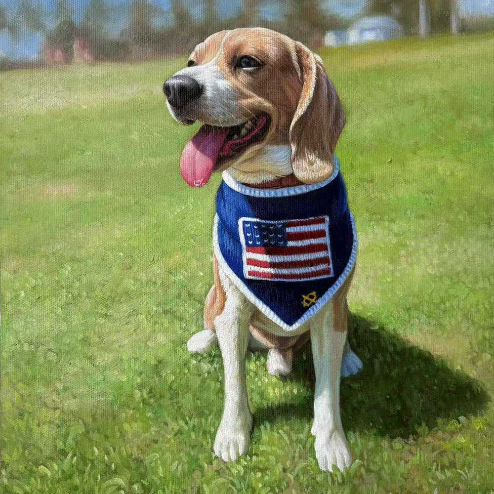 Custom pet portrait of a beagle wearing a patriotic bandana, painted on a grassy background. Personalized dog artwork for a pet lover.