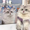 Custom cat portrait of a fluffy gray and white feline with cherry blossoms. Personalized pet artwork for cat lovers.