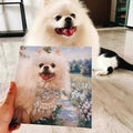 Custom pet portrait of a white Pomeranian in a floral dress, held beside the real dog. Personalized dog painting for home decor.
