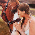 Your Forever Painting features a woman gently touching foreheads with a brown horse, capturing a heartfelt bond in a realistic custom portrait style.